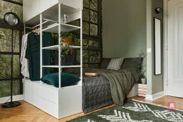Sypialnia z tapetą mieszkania Green Loft na sprzedaż w Łodzi Przytulna sypialnia mieszkania Green Loft w Łodzi